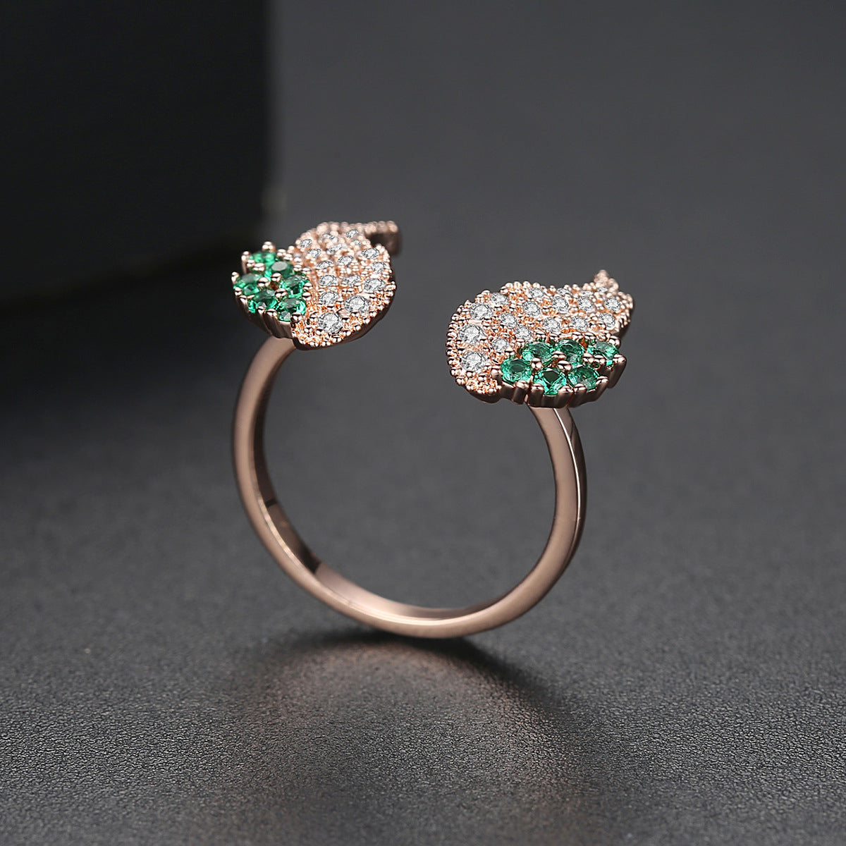 Green Cubic Zirconia and 18K Rose Gold-Plated Wing Open Ring, rose gold statement rings for women, everyday style, side view