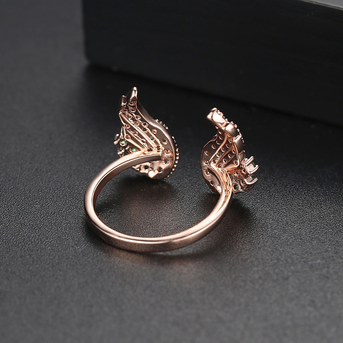 Green Cubic Zirconia and 18K Rose Gold-Plated Wing Open Ring, rose gold statement rings for women, detail close-up