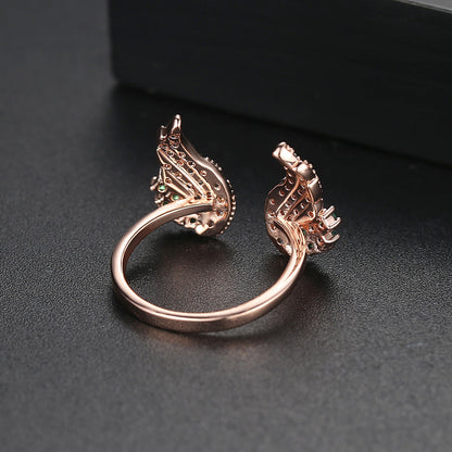 Green Cubic Zirconia and 18K Rose Gold-Plated Wing Open Ring, rose gold statement rings for women, detail close-up
