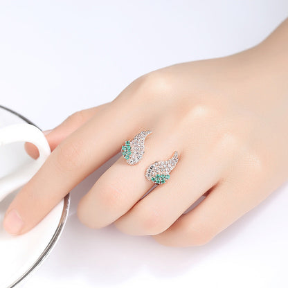 Green Cubic Zirconia and 18K Rose Gold-Plated Wing Open Ring, rose gold statement rings for women, lifestyle look