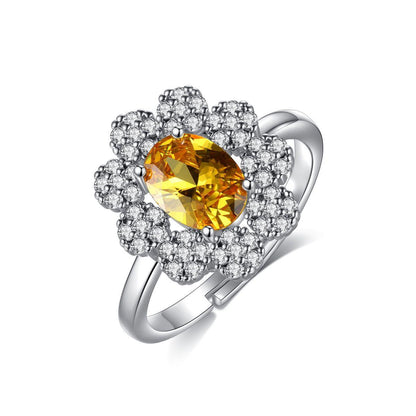 Yellow Crystal and Cubic Zirconia Flower Adjustable Ring, statement rings for women, vintage-inspired design, front view