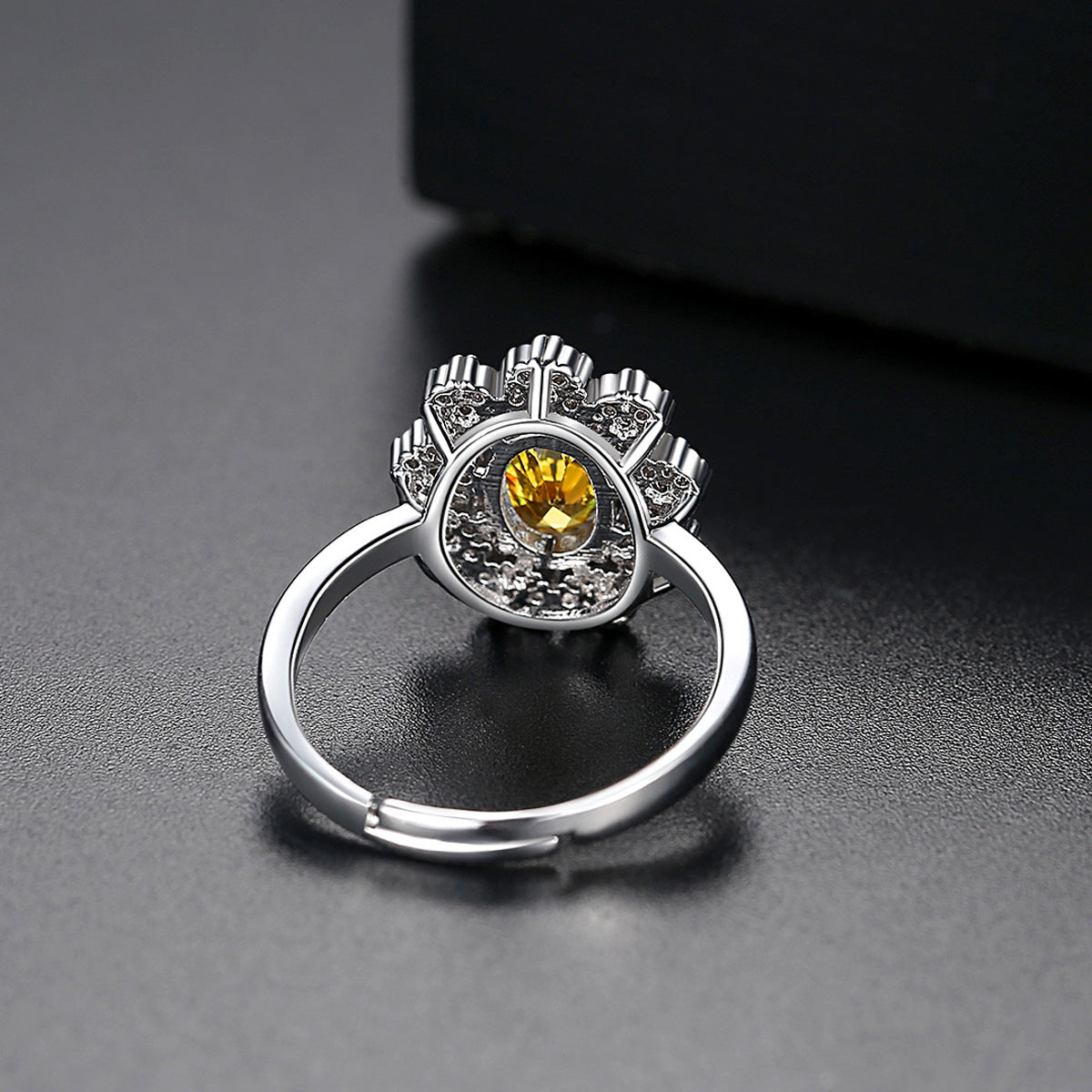 Yellow Crystal and Cubic Zirconia Flower Adjustable Ring, statement rings for women, vintage-inspired design, detail close-up