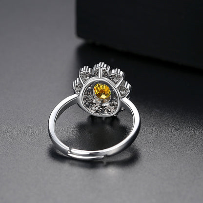 Yellow Crystal and Cubic Zirconia Flower Adjustable Ring, statement rings for women, vintage-inspired design, detail close-up