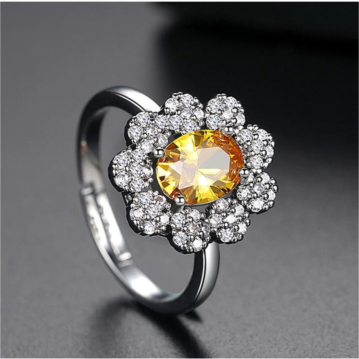 Yellow Crystal and Cubic Zirconia Flower Adjustable Ring, statement rings for women, vintage-inspired design, side view