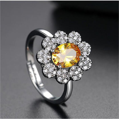 Yellow Crystal and Cubic Zirconia Flower Adjustable Ring, statement rings for women, vintage-inspired design, side view