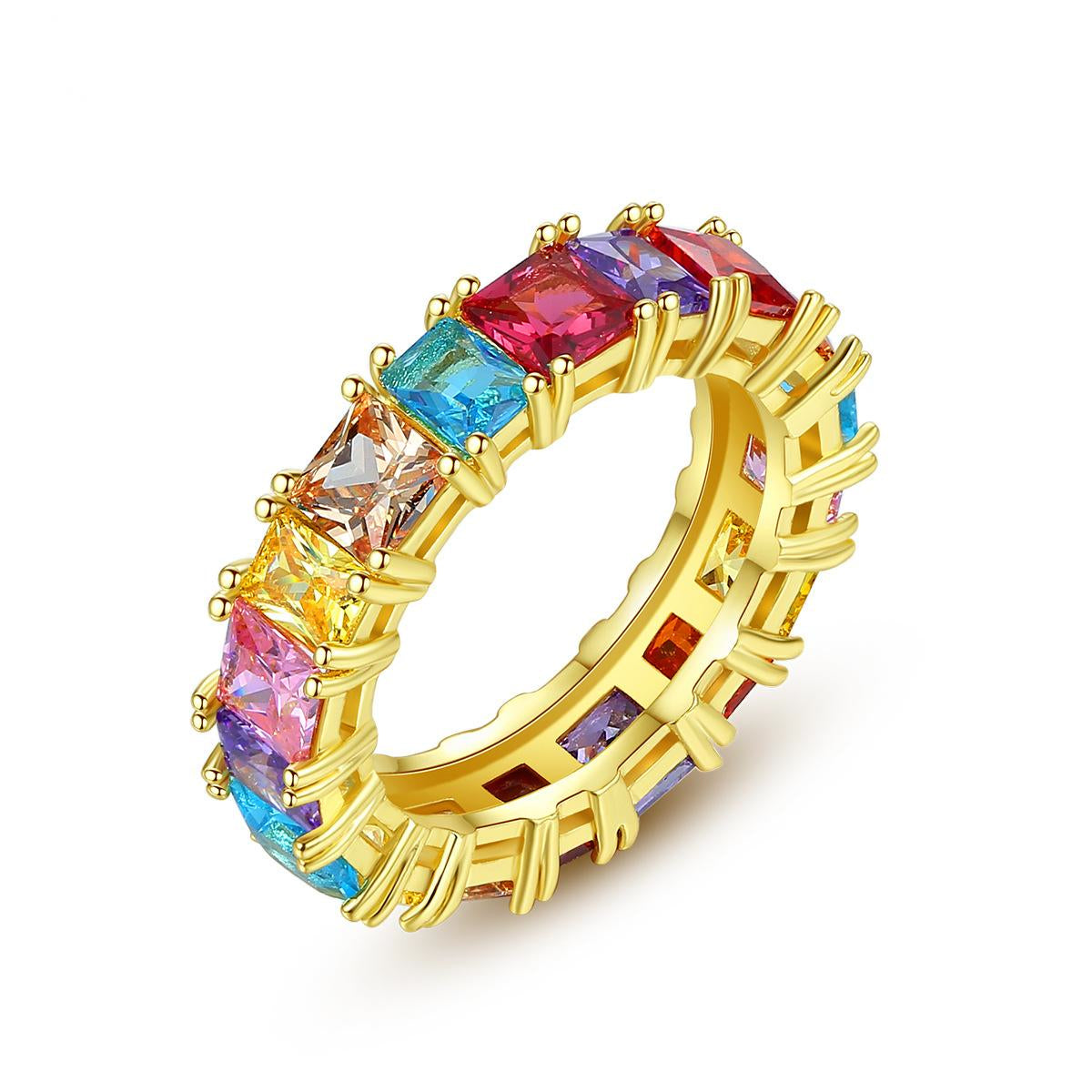 Multicolor Crystal and 18K Gold-Plated Princess-Cut Band, gold statement rings for women, botanical inspired, front view