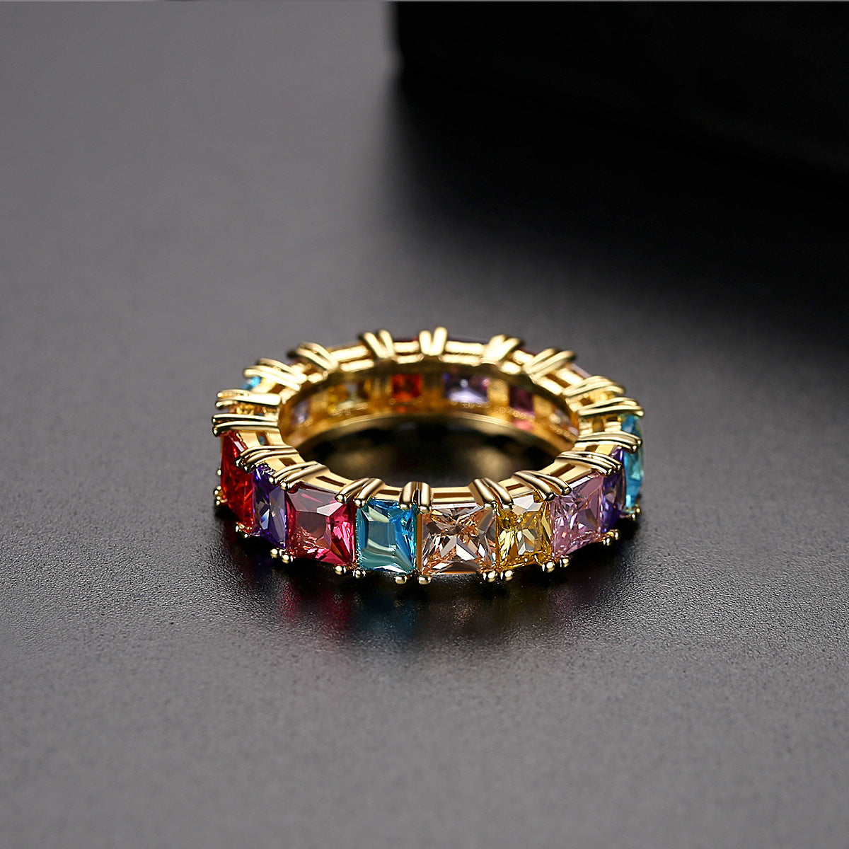 Multicolor Crystal and 18K Gold-Plated Princess-Cut Band, gold statement rings for women, botanical inspired, detail close-up