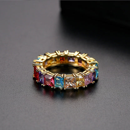 Multicolor Crystal and 18K Gold-Plated Princess-Cut Band, gold statement rings for women, botanical inspired, detail close-up