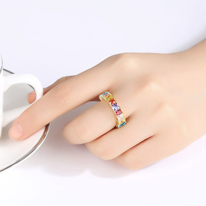 Multicolor Crystal and 18K Gold-Plated Princess-Cut Band, gold statement rings for women, botanical inspired, lifestyle look