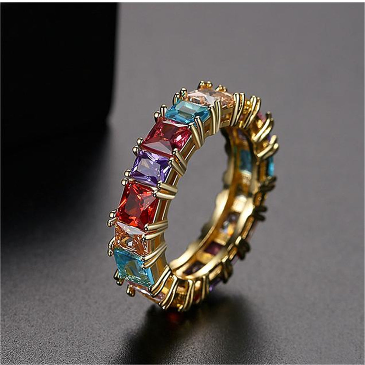 Multicolor Crystal and 18K Gold-Plated Princess-Cut Band, gold statement rings for women, botanical inspired, side view