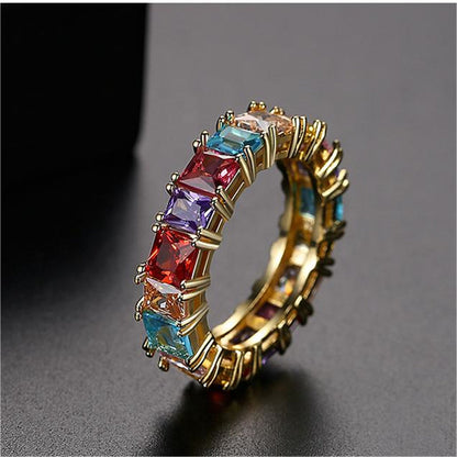 Multicolor Crystal and 18K Gold-Plated Princess-Cut Band, gold statement rings for women, botanical inspired, side view