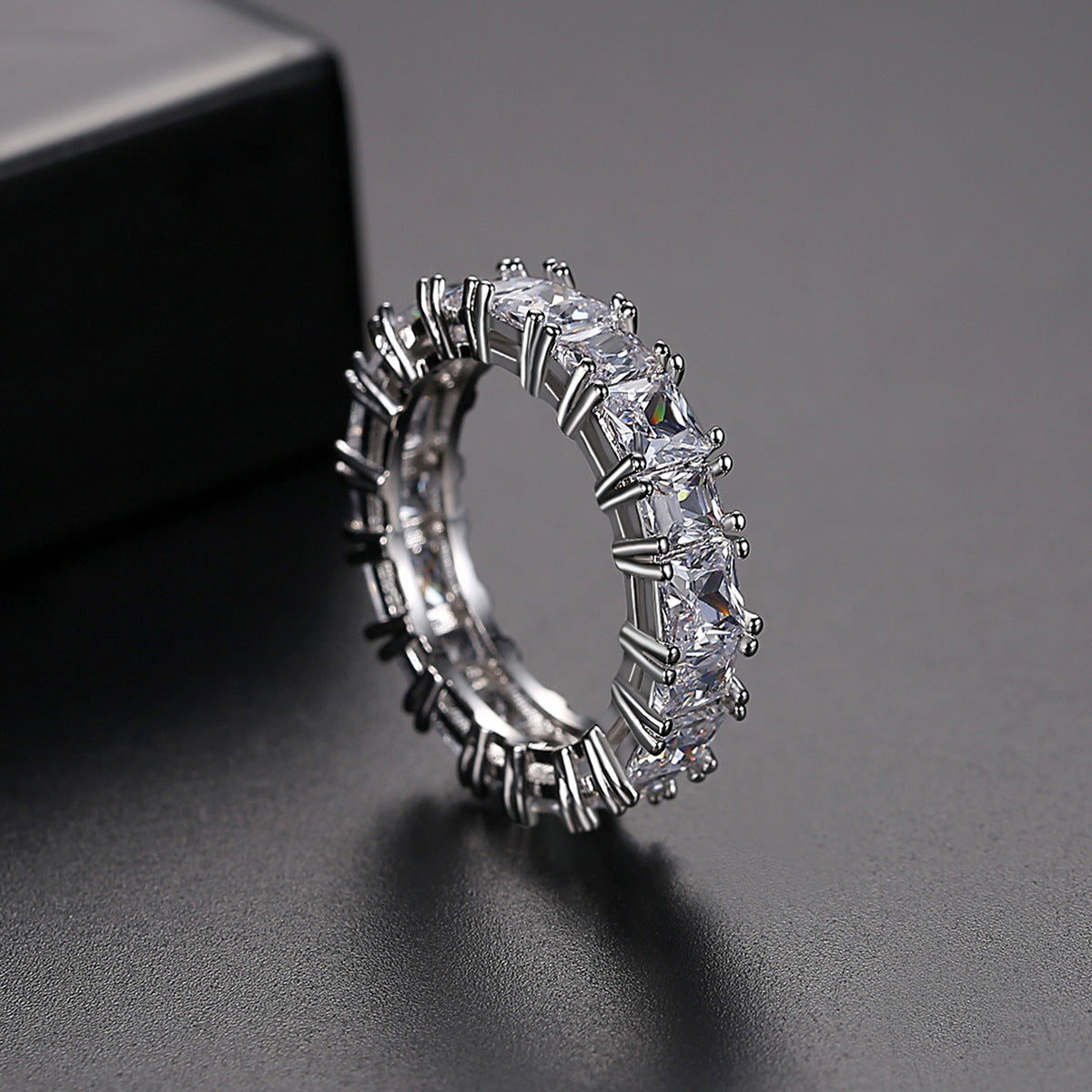 Crystal and Silver-Plated Princess-Cut Band Ring, silver statement rings for women, dainty minimalist design, front view