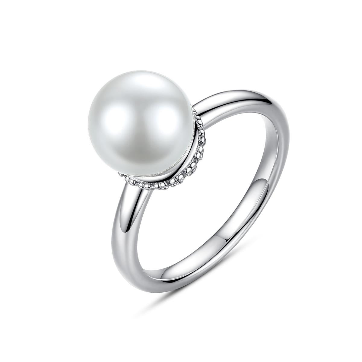 Pearl and Silver-Plated Ball Ring, silver statement rings for women, dainty minimalist design, front view