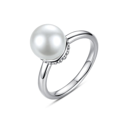 Pearl and Silver-Plated Ball Ring, silver statement rings for women, dainty minimalist design, front view