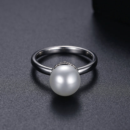 Pearl and Silver-Plated Ball Ring, silver statement rings for women, dainty minimalist design, detail close-up
