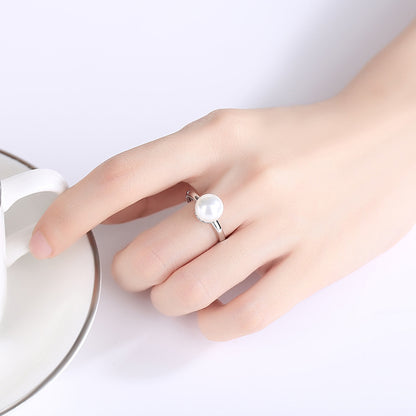Pearl and Silver-Plated Ball Ring, silver statement rings for women, dainty minimalist design, lifestyle look