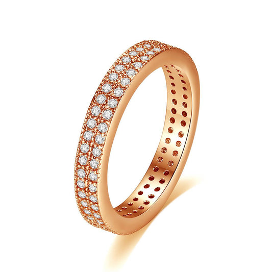Cubic Zirconia and 18K Rose Gold-Plated Two-Row Band, rose gold statement rings for women, elegant gift for her, front view