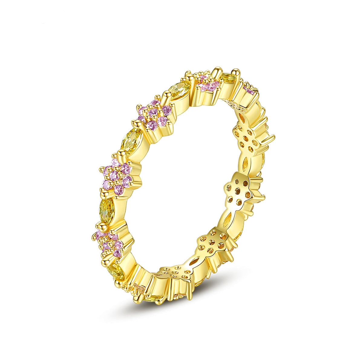 Crystal and Cubic Zirconia 18K Gold-Plated Flower Band, gold statement rings for women, elegant gift for her, front view