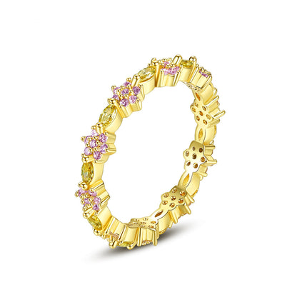 Crystal and Cubic Zirconia 18K Gold-Plated Flower Band, gold statement rings for women, elegant gift for her, front view