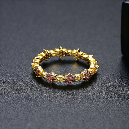 Crystal and Cubic Zirconia 18K Gold-Plated Flower Band, gold statement rings for women, elegant gift for her, side view