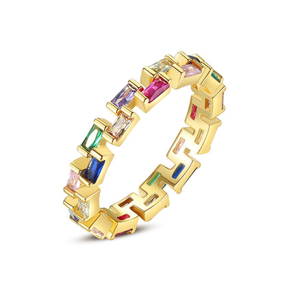 Multicolor Crystal and 18K Gold-Plated Bricks Band, gold statement rings for women, elegant gift for her, front view