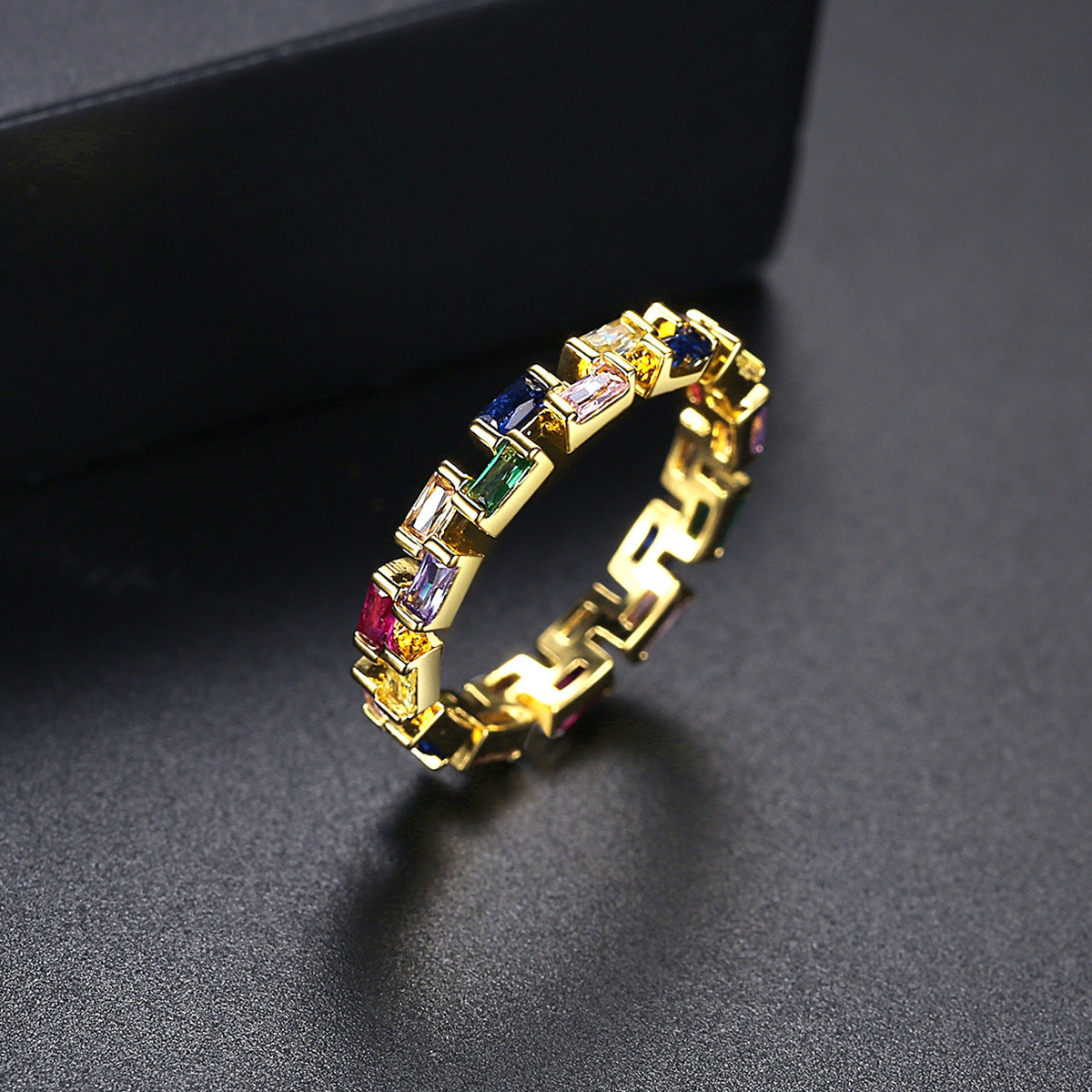 Multicolor Crystal and 18K Gold-Plated Bricks Band, gold statement rings for women, elegant gift for her, side view