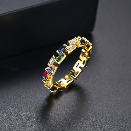 Multicolor Crystal and 18K Gold-Plated Bricks Band, gold statement rings for women, elegant gift for her, side view