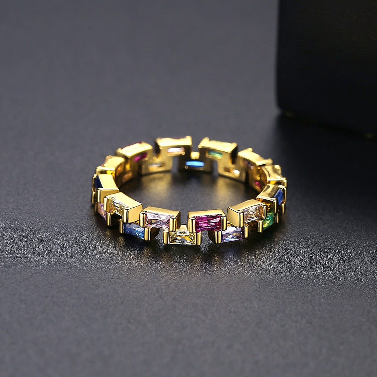 Multicolor Crystal and 18K Gold-Plated Bricks Band, gold statement rings for women, elegant gift for her, detail close-up