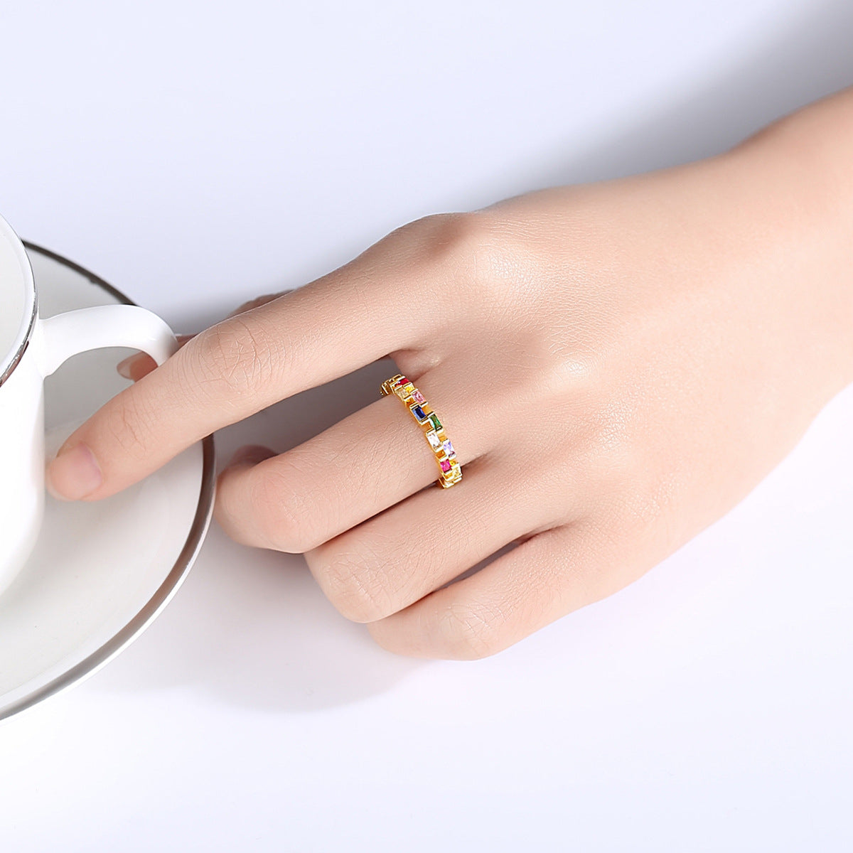 Multicolor Crystal and 18K Gold-Plated Bricks Band, gold statement rings for women, elegant gift for her, lifestyle look