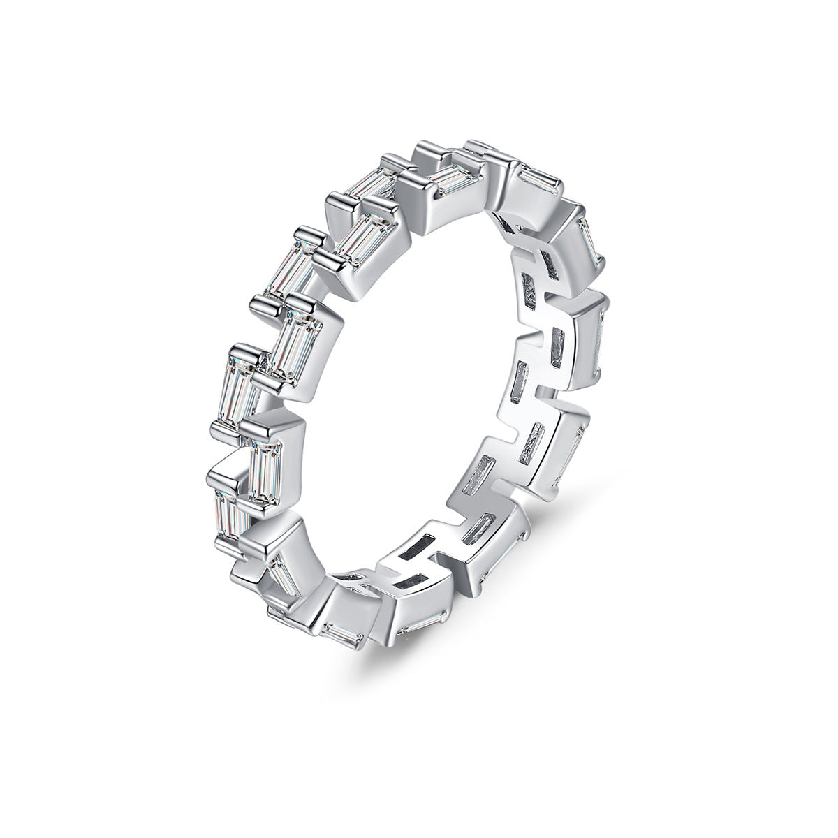 Crystal and Silver-Plated Baguette-Cut Band Ring, silver statement rings for women, dainty minimalist design, front view
