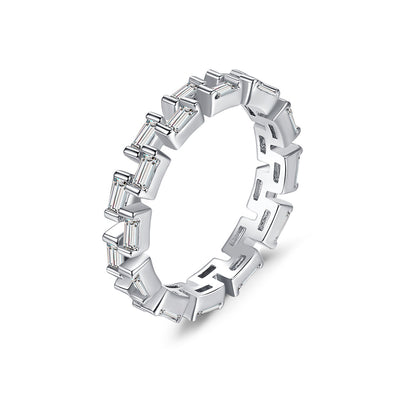 Crystal and Silver-Plated Baguette-Cut Band Ring, silver statement rings for women, dainty minimalist design, front view