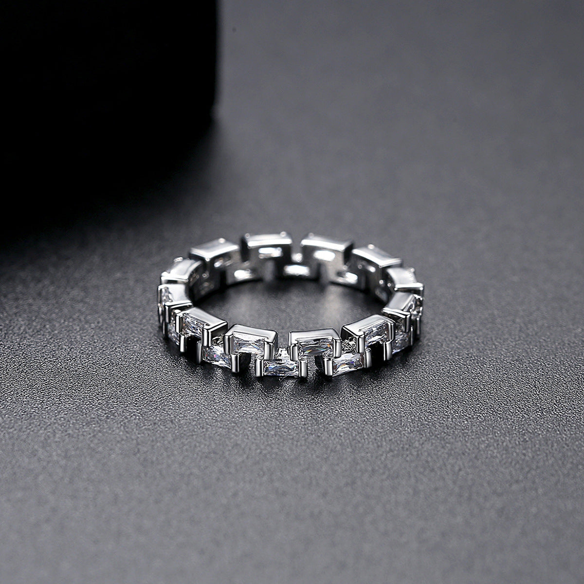 Crystal and Silver-Plated Baguette-Cut Band Ring, silver statement rings for women, dainty minimalist design, side view