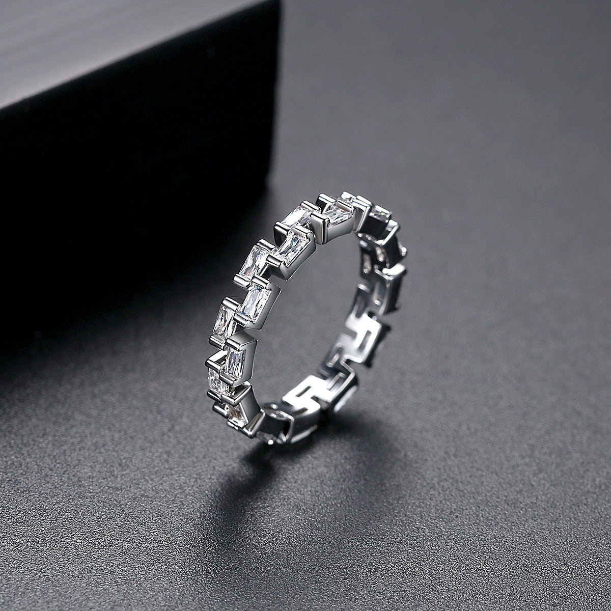 Crystal and Silver-Plated Baguette-Cut Band Ring, silver statement rings for women, dainty minimalist design, detail close-up