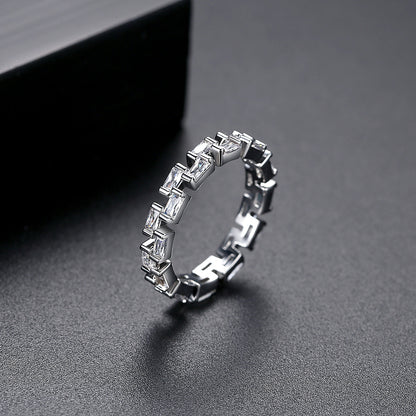 Crystal and Silver-Plated Baguette-Cut Band Ring, silver statement rings for women, dainty minimalist design, detail close-up