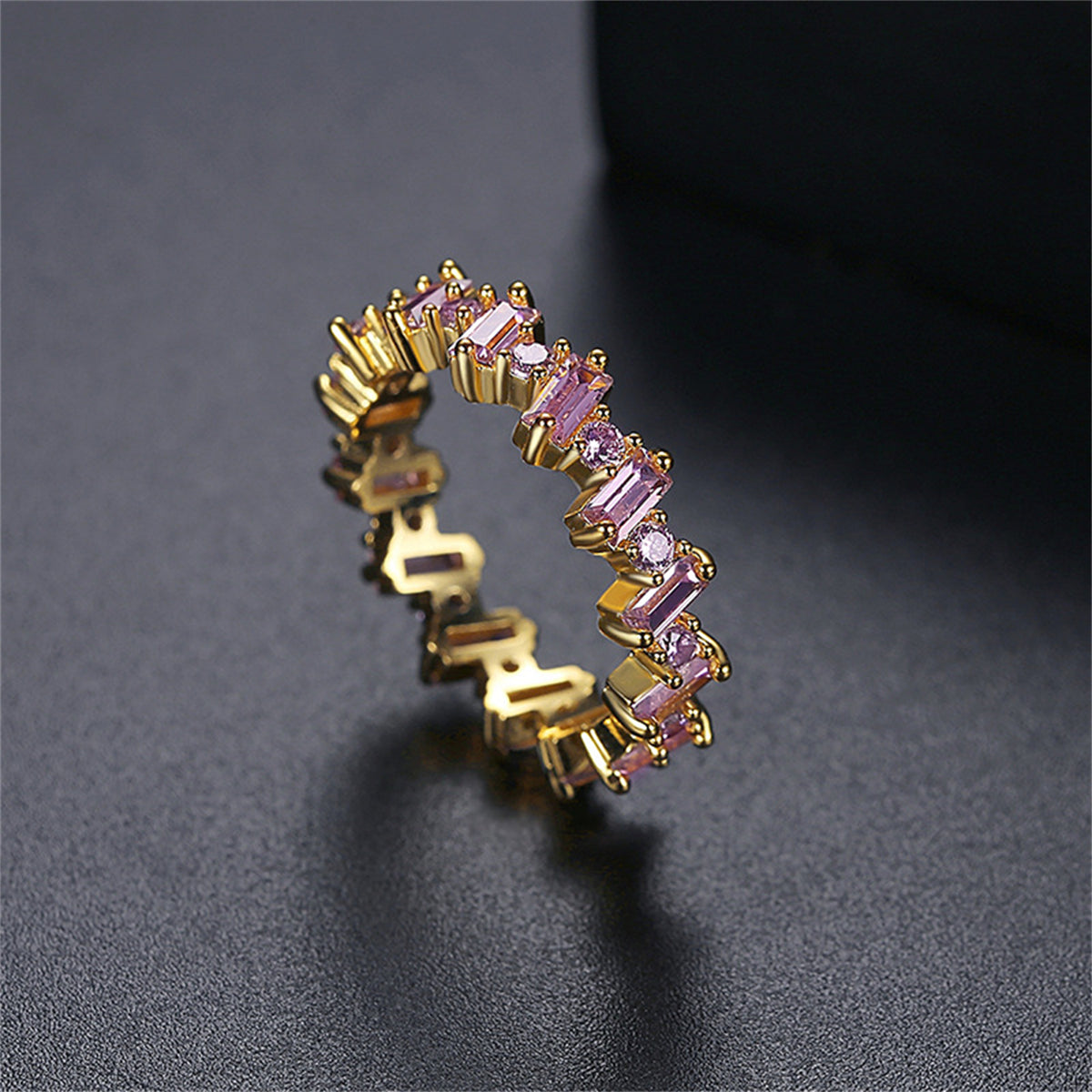 Pink Crystal and Cubic Zirconia Baguette-Cut Geometric Band, statement rings for women, botanical inspired, side view
