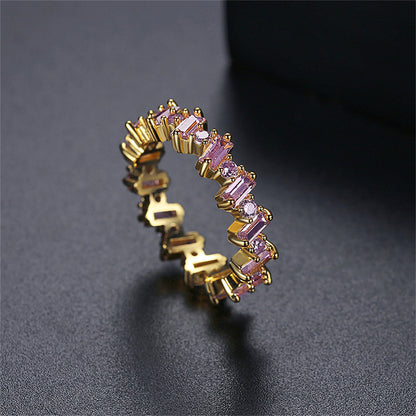 Pink Crystal and Cubic Zirconia Baguette-Cut Geometric Band, statement rings for women, botanical inspired, side view