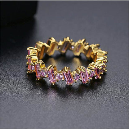 Pink Crystal and Cubic Zirconia Baguette-Cut Geometric Band, statement rings for women, botanical inspired, detail close-up