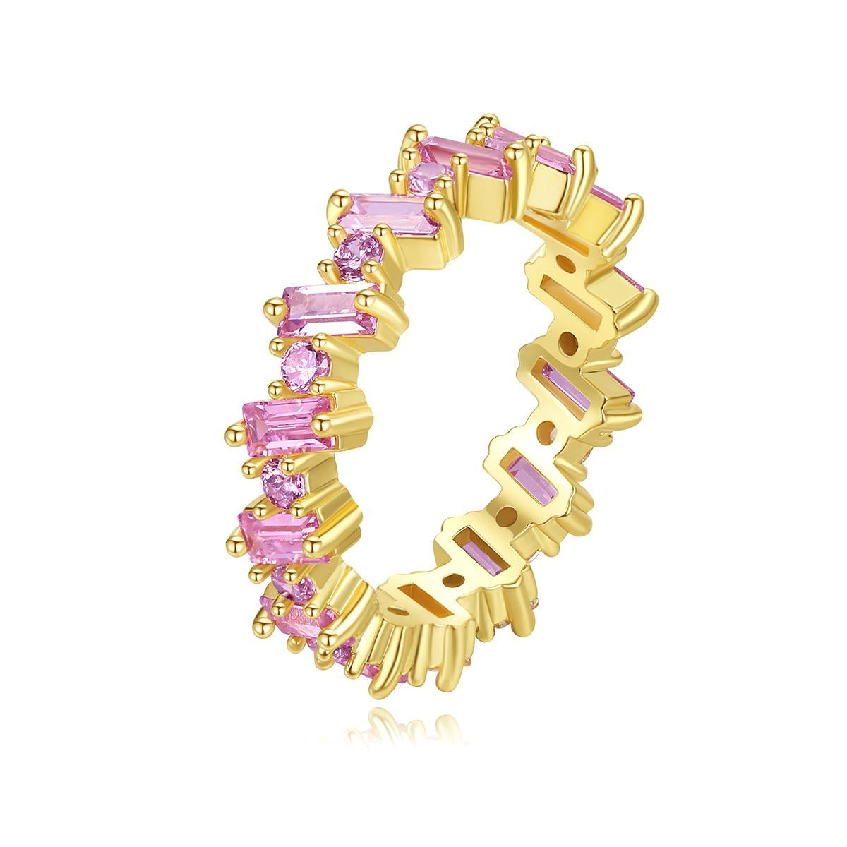 Pink Crystal and Cubic Zirconia Baguette-Cut Geometric Band, statement rings for women, botanical inspired, front view