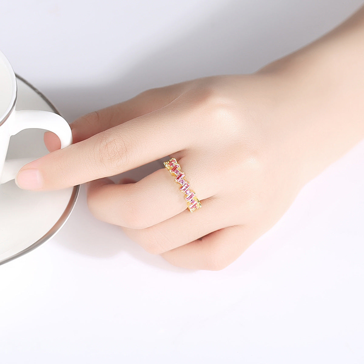 Pink Crystal and Cubic Zirconia Baguette-Cut Geometric Band, statement rings for women, botanical inspired, lifestyle look