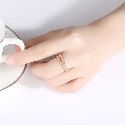 Pink Crystal and Cubic Zirconia Baguette-Cut Geometric Band, statement rings for women, botanical inspired, lifestyle look