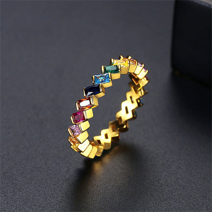 Multicolor Crystal and 18K Gold-Plated Band, gold statement rings for women, dainty minimalist design, detail close-up