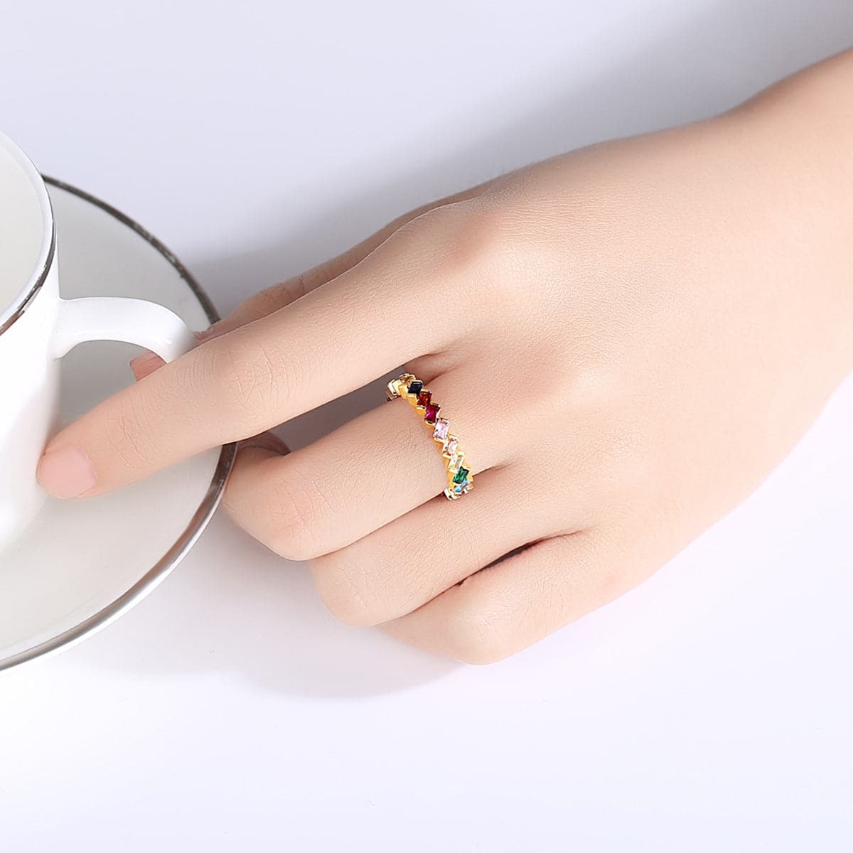 Multicolor Crystal and 18K Gold-Plated Band, gold statement rings for women, dainty minimalist design, side view