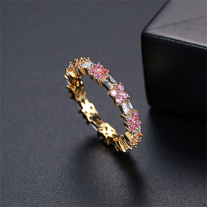 Pink Crystal and Cubic Zirconia 18K Gold-Plated Thin Band Ring, gold statement rings for women, everyday style, side view