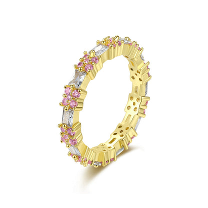 Pink Crystal and Cubic Zirconia 18K Gold-Plated Thin Band Ring, gold statement rings for women, everyday style, front view