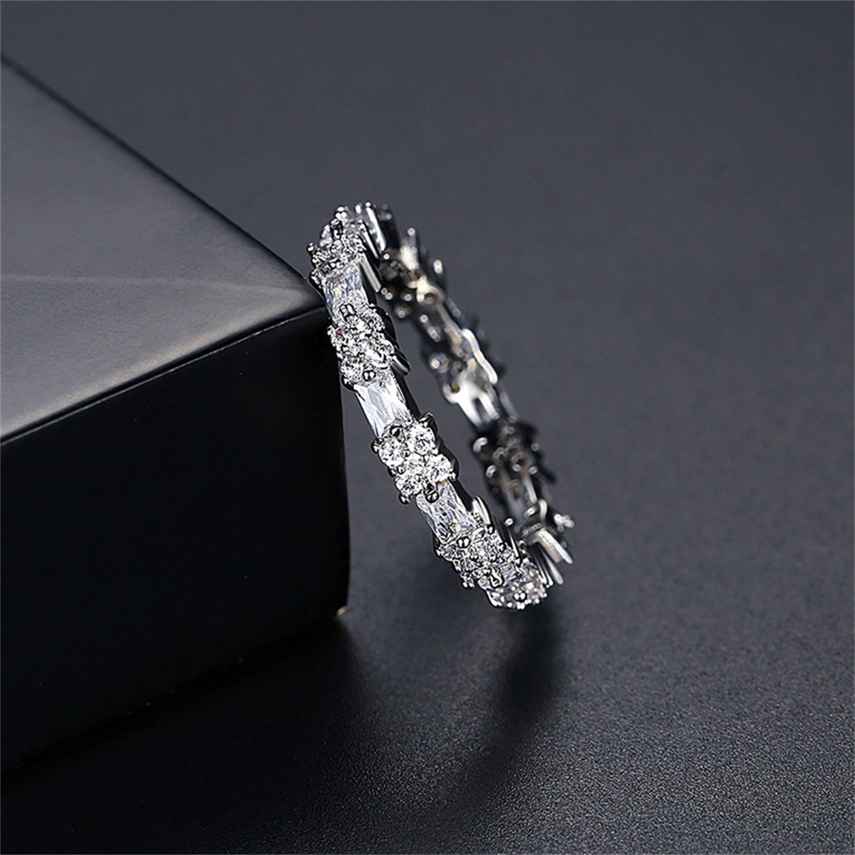 Crystal and Cubic Zirconia Silver-Plated Thin Band Ring, silver statement rings for women, everyday style, front view