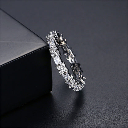 Crystal and Cubic Zirconia Silver-Plated Thin Band Ring, silver statement rings for women, everyday style, front view