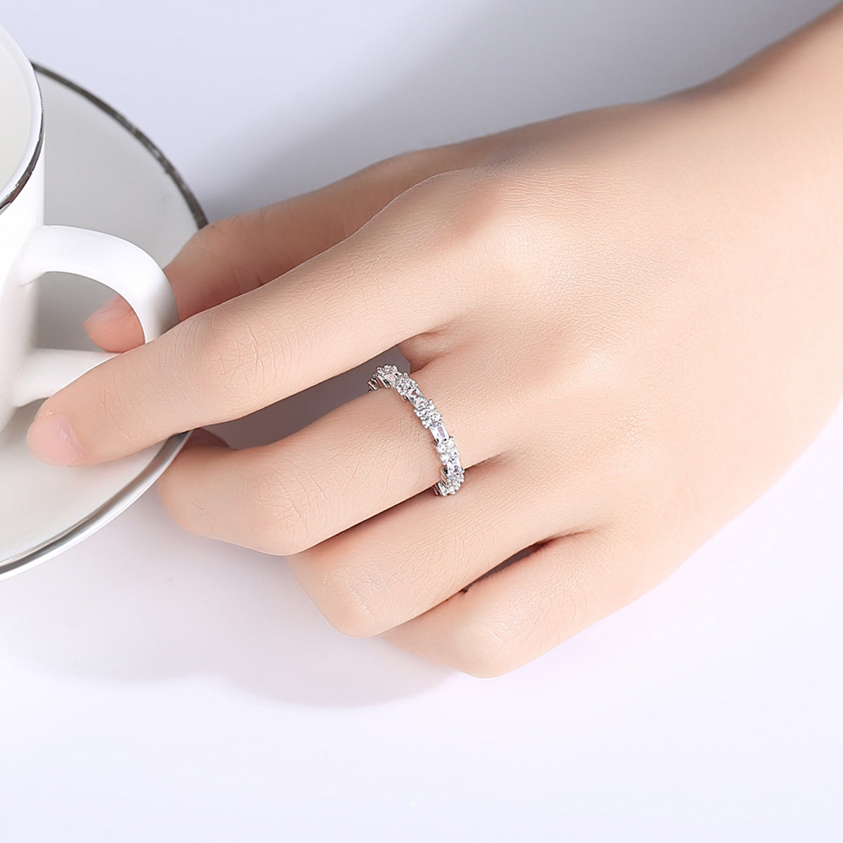 Crystal and Cubic Zirconia Silver-Plated Thin Band Ring, silver statement rings for women, everyday style, side view