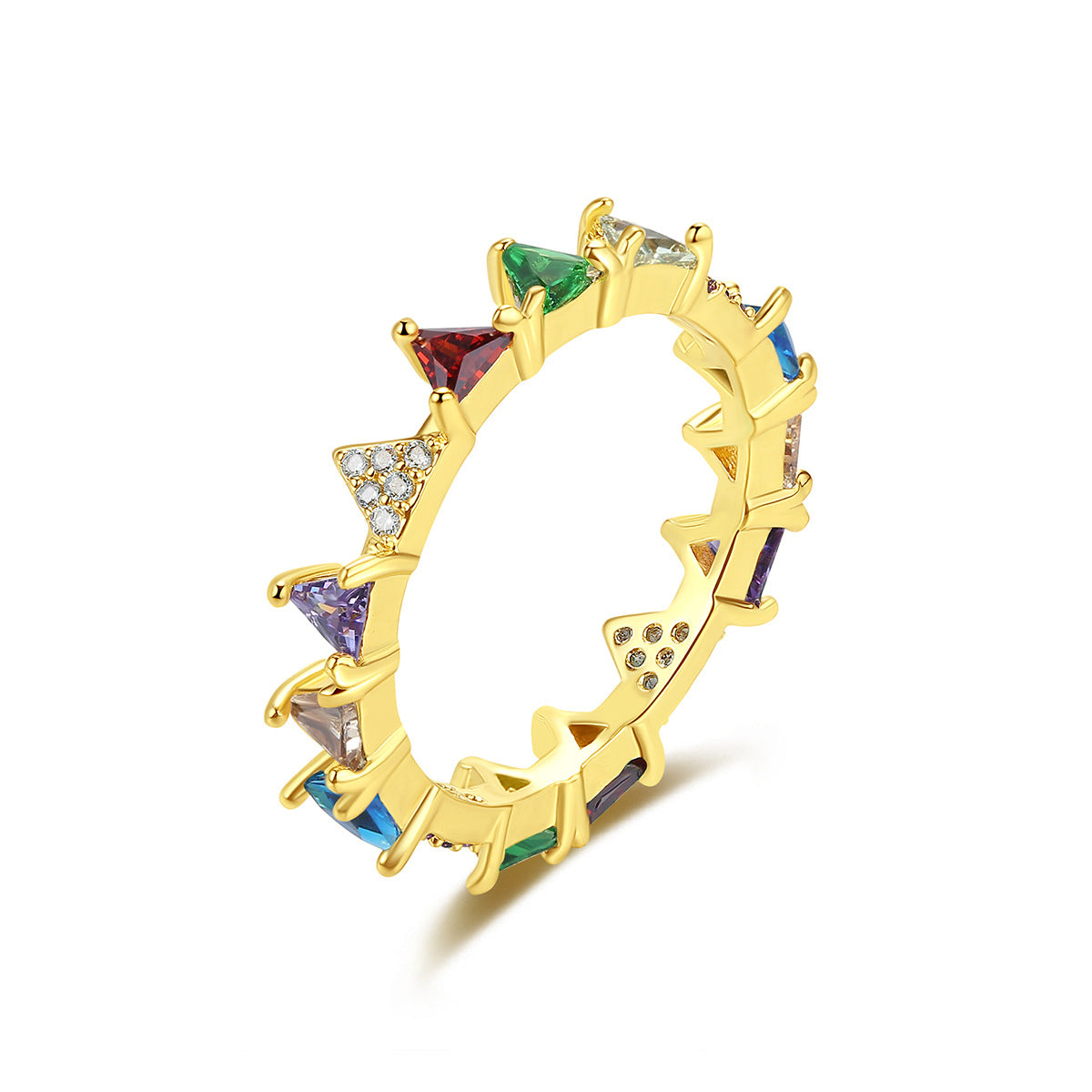 Crystal and 18K Gold-Plated Multicolor Triangle Band Ring, gold statement rings for women, botanical inspired, front view