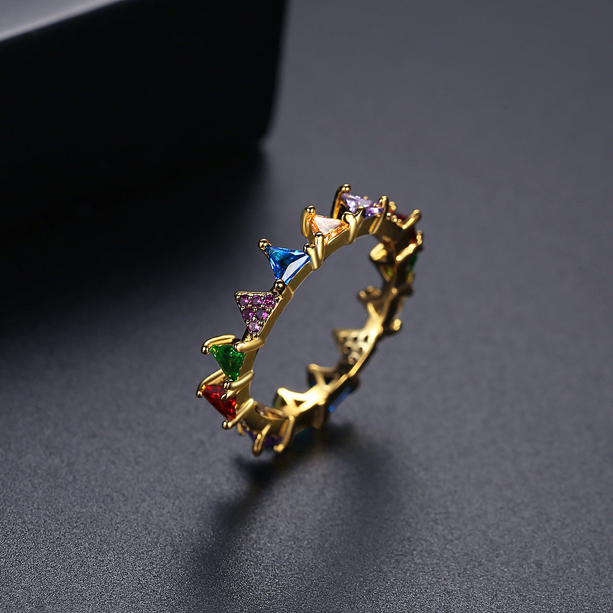 Crystal and 18K Gold-Plated Multicolor Triangle Band Ring, gold statement rings for women, botanical inspired, side view
