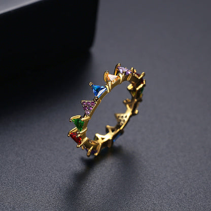 Crystal and 18K Gold-Plated Multicolor Triangle Band Ring, gold statement rings for women, botanical inspired, side view
